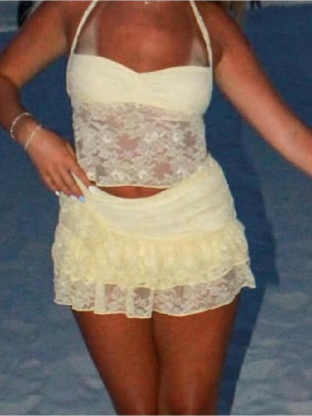 Sheer Lace Two-Piece Crop Top and Ruffle Mini Skirt - Pale Yellow